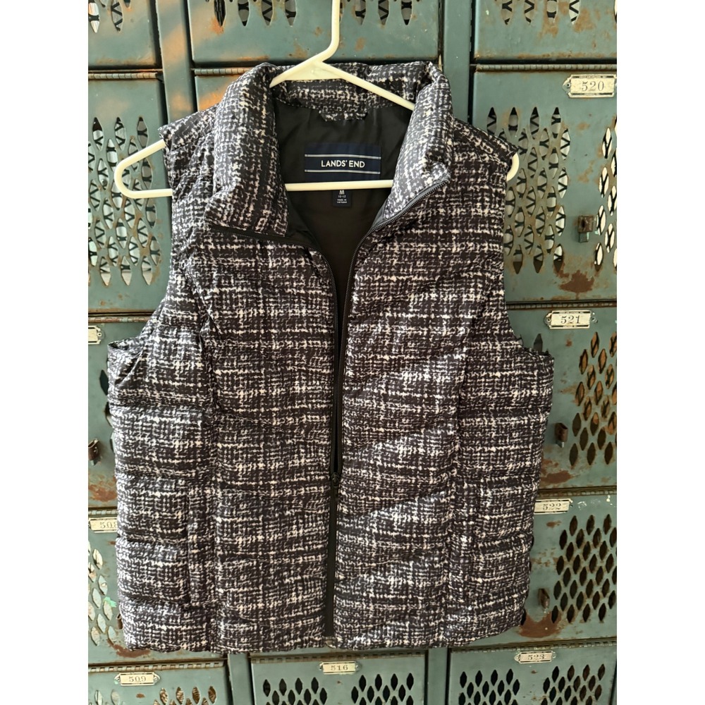 Lands End Womens Black White Puffer Vest Down Insulated Quilted Size M 10-12